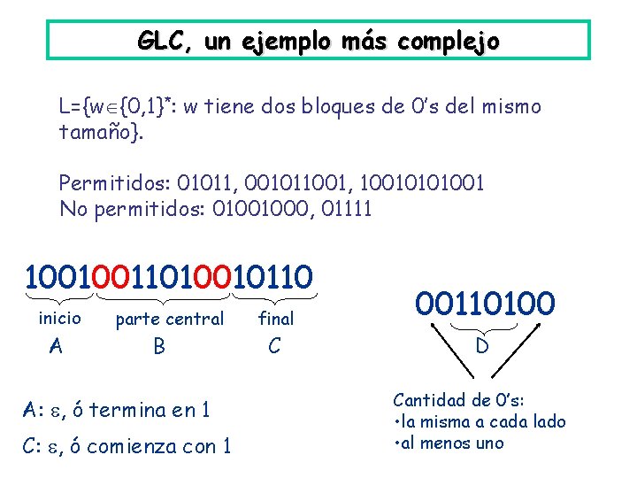 GLC, un ejemplo más complejo L={w {0, 1}*: w tiene dos bloques de 0’s