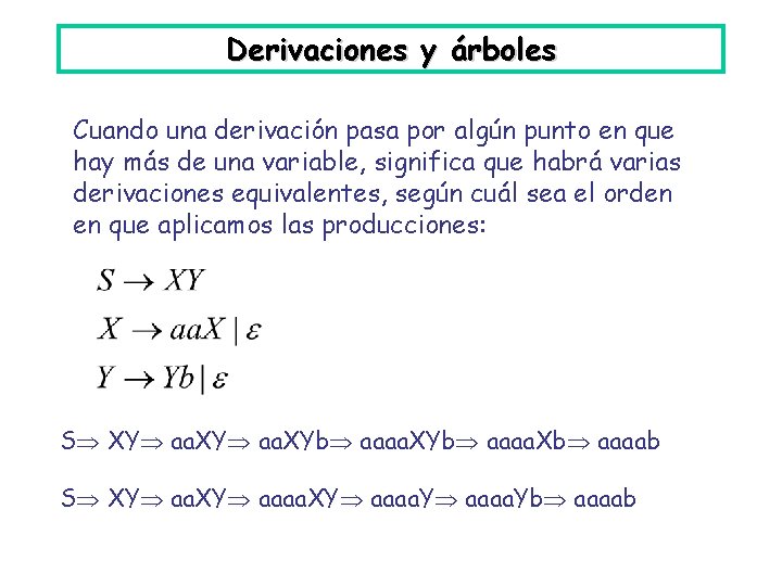 Derivaciones y árboles Cuando una derivación pasa por algún punto en que hay más