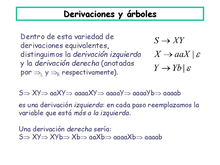 Derivaciones y árboles Dentro de esta variedad de derivaciones equivalentes, distinguimos la derivación izquierda