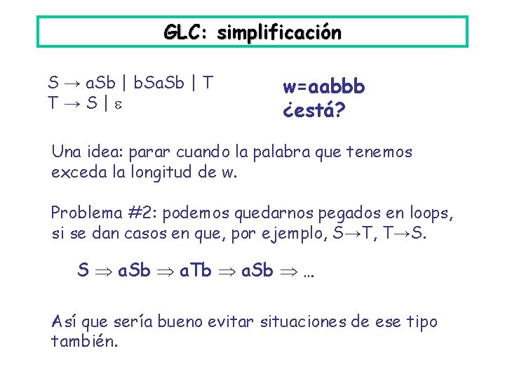 GLC: simplificación S → a. Sb | b. Sa. Sb | T T→S| w=aabbb