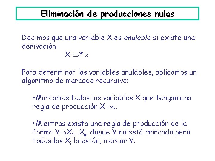 Eliminación de producciones nulas Decimos que una variable X es anulable si existe una