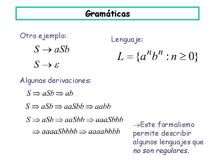 Gramáticas Otro ejemplo: Lenguaje: Algunas derivaciones: Este formalismo permite describir algunos lenguajes que no