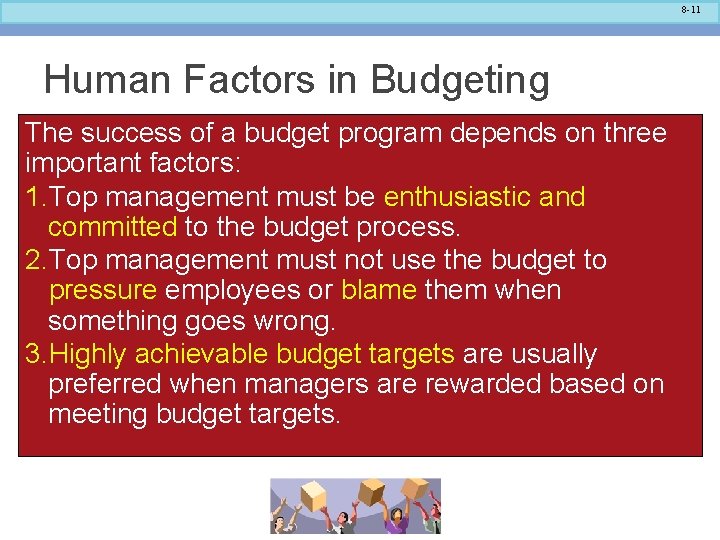 8 -11 Human Factors in Budgeting The success of a budget program depends on