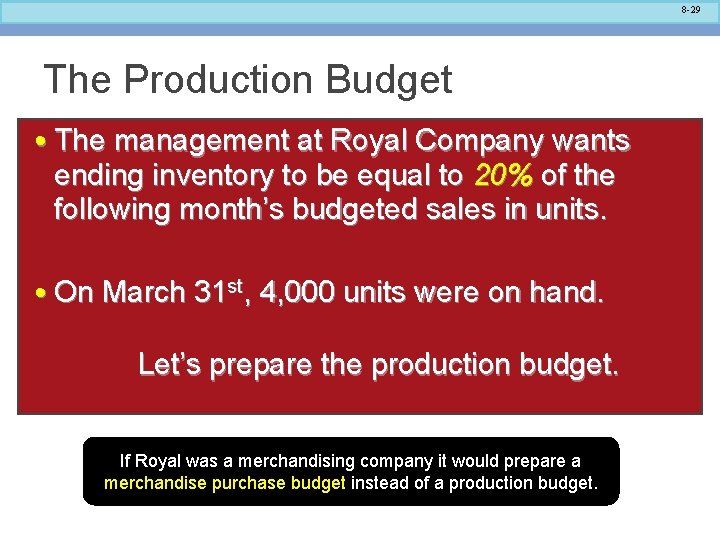 8 -29 The Production Budget • The management at Royal Company wants ending inventory