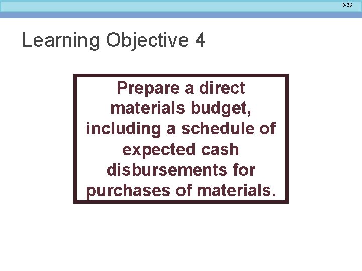 8 -36 Learning Objective 4 Prepare a direct materials budget, including a schedule of