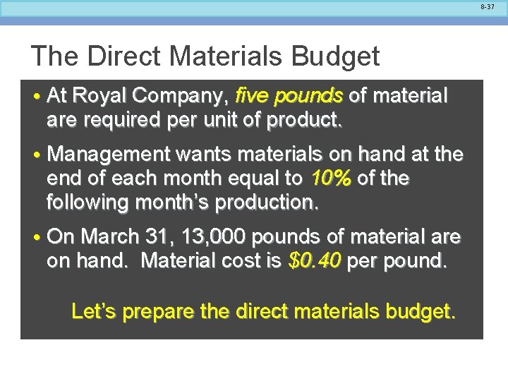 8 -37 The Direct Materials Budget • At Royal Company, five pounds of material