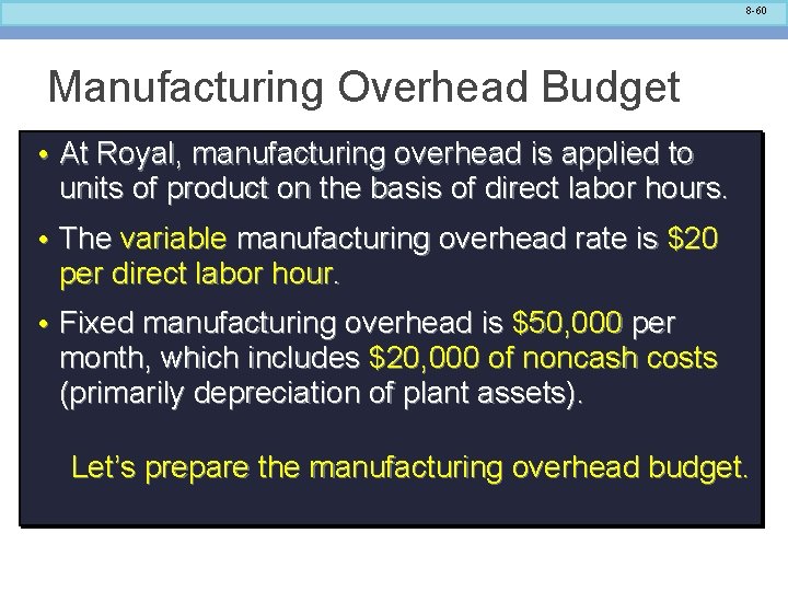 8 -60 Manufacturing Overhead Budget • At Royal, manufacturing overhead is applied to units