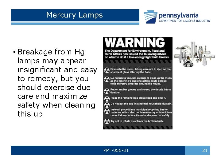 Mercury Lamps • Breakage from Hg lamps may appear insignificant and easy to remedy,