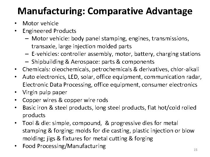 Manufacturing: Comparative Advantage • Motor vehicle • Engineered Products – Motor vehicle: body panel