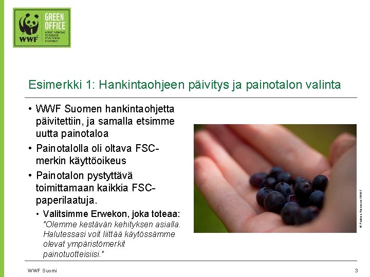 Esimerkki 1: Hankintaohjeen päivitys ja painotalon valinta © Pauliina Heinänen / WWF • WWF