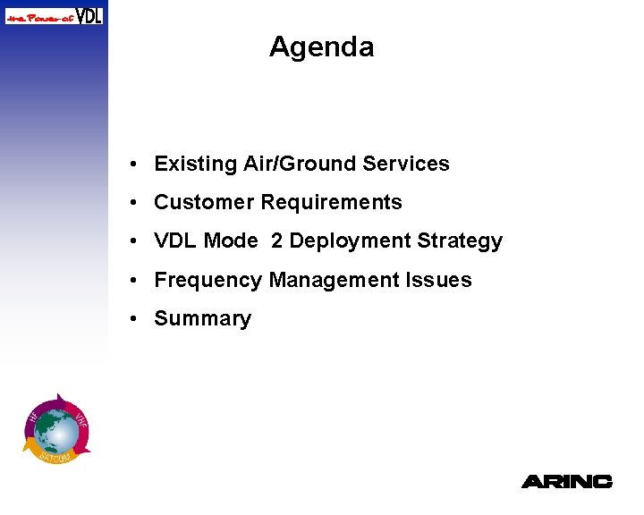 Agenda • Existing Air/Ground Services • Customer Requirements • VDL Mode 2 Deployment Strategy