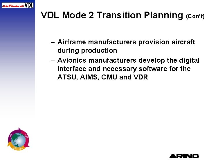 VDL Mode 2 Transition Planning (Con’t) – Airframe manufacturers provision aircraft during production –