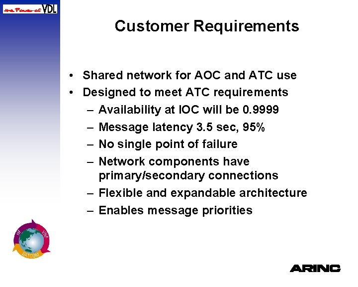 Customer Requirements • Shared network for AOC and ATC use • Designed to meet