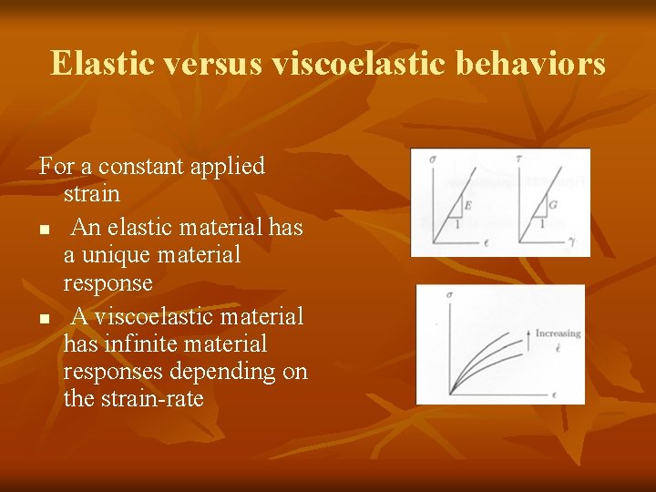 Elastic versus viscoelastic behaviors For a constant applied strain n An elastic material has