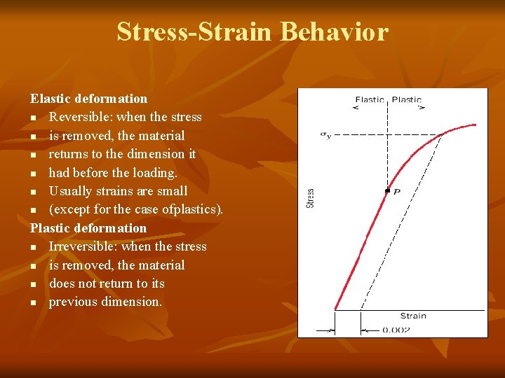 Stress-Strain Behavior Elastic deformation n Reversible: when the stress n is removed, the material