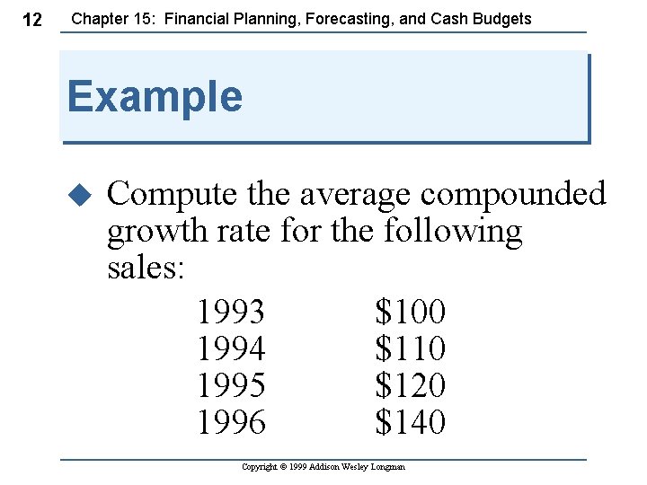 12 Chapter 15: Financial Planning, Forecasting, and Cash Budgets Example u Compute the average