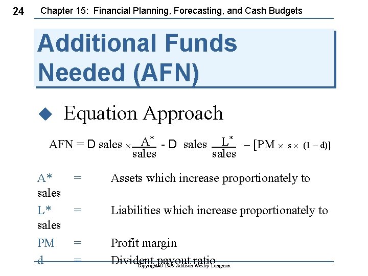 24 Chapter 15: Financial Planning, Forecasting, and Cash Budgets Additional Funds Needed (AFN) u