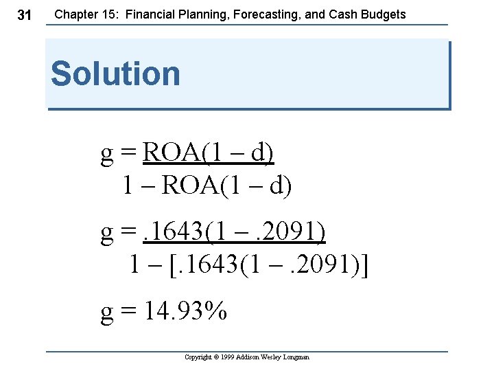 31 Chapter 15: Financial Planning, Forecasting, and Cash Budgets Solution g = ROA(1 –