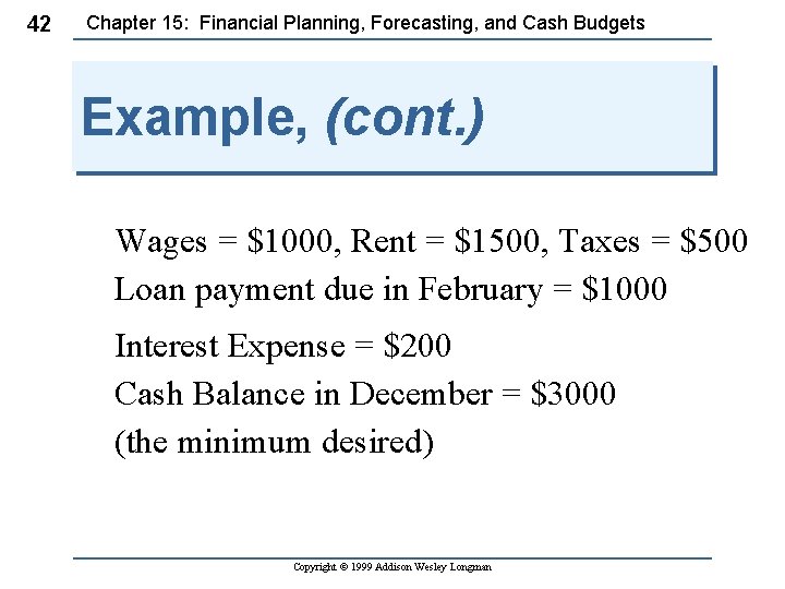 42 Chapter 15: Financial Planning, Forecasting, and Cash Budgets Example, (cont. ) Wages =