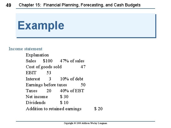 49 Chapter 15: Financial Planning, Forecasting, and Cash Budgets Example Income statement Explanation Sales