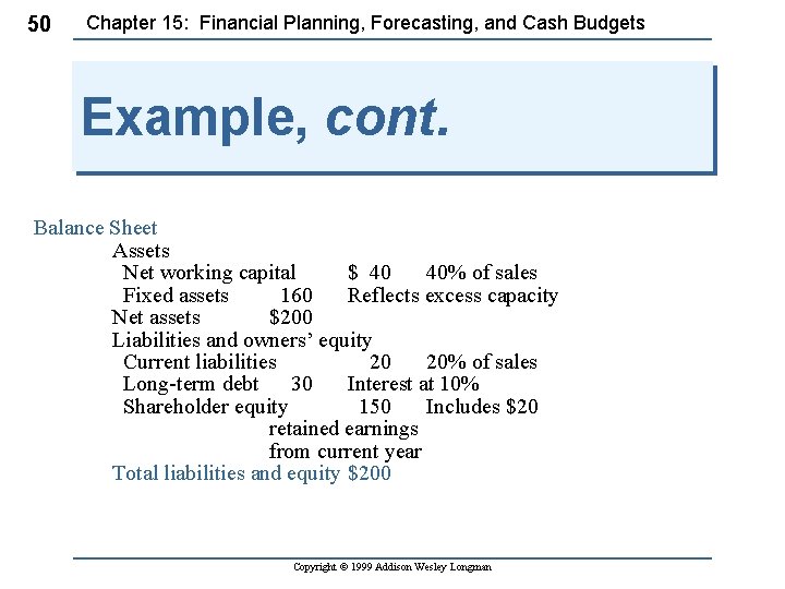 50 Chapter 15: Financial Planning, Forecasting, and Cash Budgets Example, cont. Balance Sheet Assets