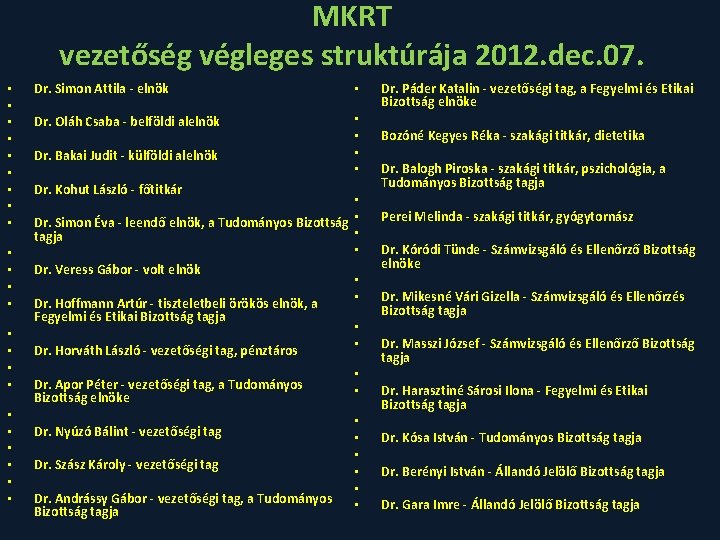 MKRT vezetőség végleges struktúrája 2012. dec. 07. • • • • • • Dr.