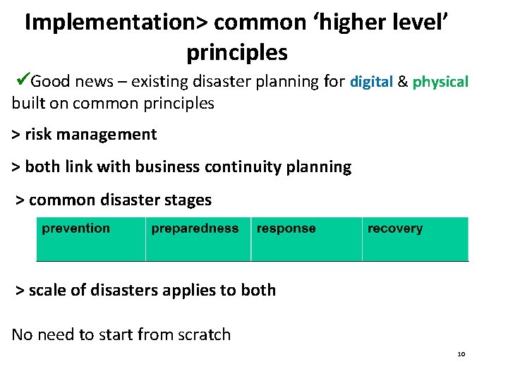 Implementation> common ‘higher level’ principles Good news – existing disaster planning for digital &