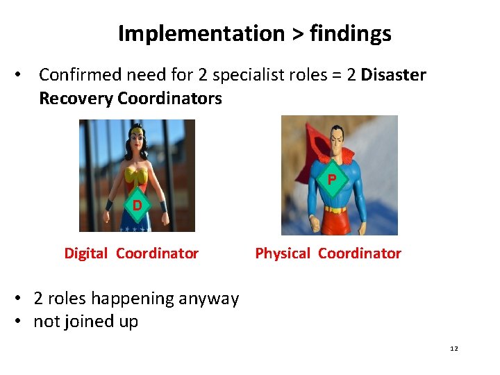 Implementation > findings • Confirmed need for 2 specialist roles = 2 Disaster Recovery