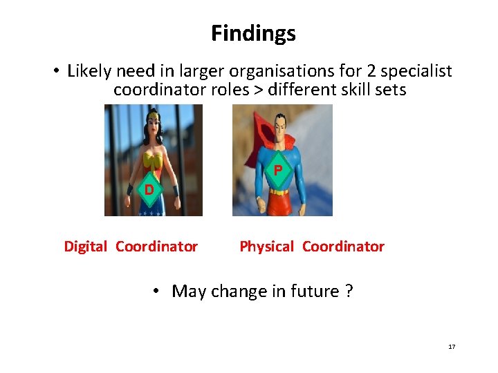 Findings • Likely need in larger organisations for 2 specialist coordinator roles > different