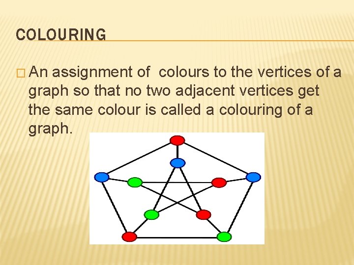 COLOURING � An assignment of colours to the vertices of a graph so that