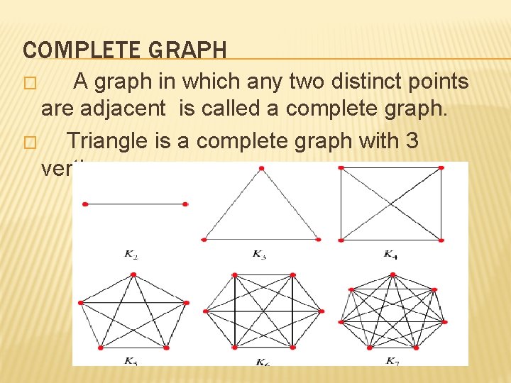 COMPLETE GRAPH A graph in which any two distinct points are adjacent is called