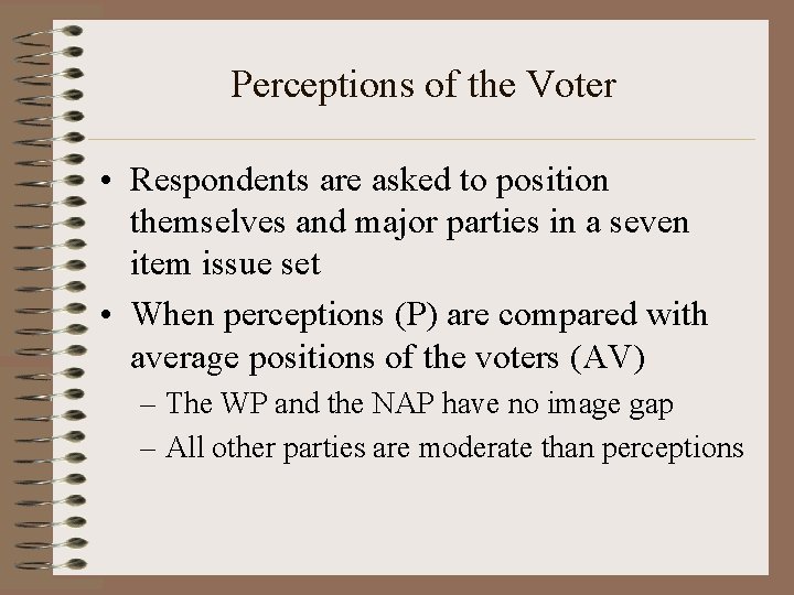 Perceptions of the Voter • Respondents are asked to position themselves and major parties