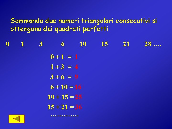 Sommando due numeri triangolari consecutivi si ottengono dei quadrati perfetti 0 1 3 6