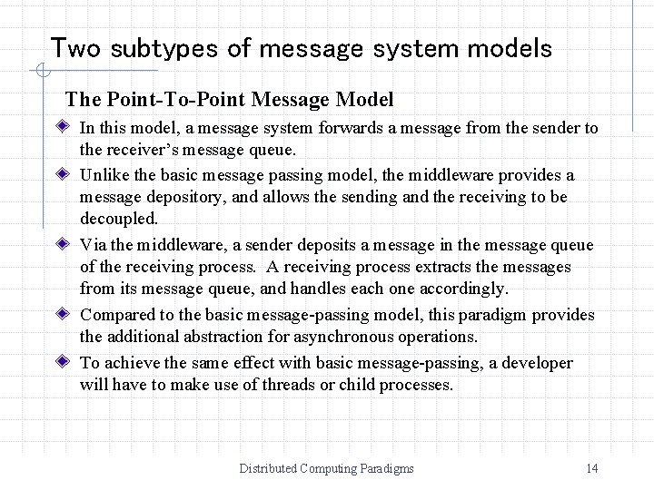 Two subtypes of message system models The Point-To-Point Message Model In this model, a