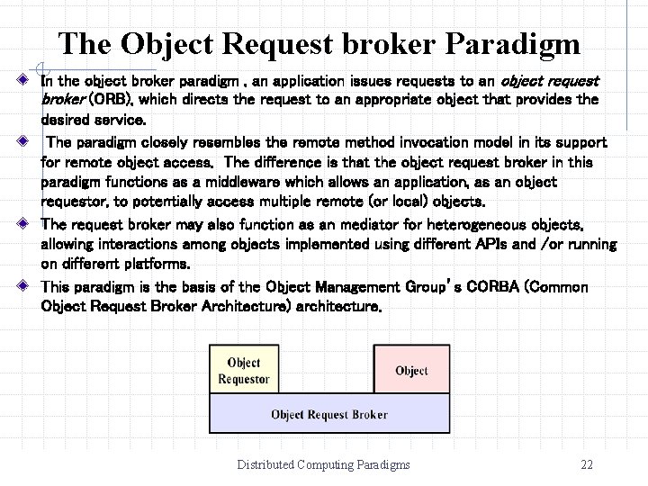 The Object Request broker Paradigm In the object broker paradigm , an application issues
