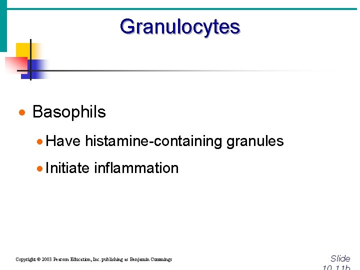 Granulocytes · Basophils · Have histamine-containing granules · Initiate inflammation Copyright © 2003 Pearson