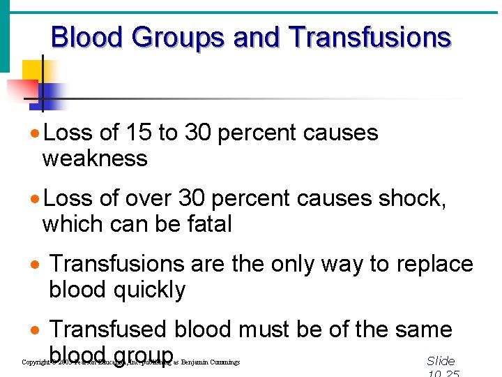 Blood Groups and Transfusions · Loss of 15 to 30 percent causes weakness ·