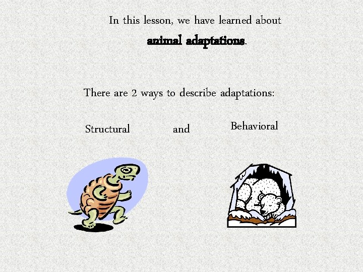 In this lesson, we have learned about animal adaptations. There are 2 ways to