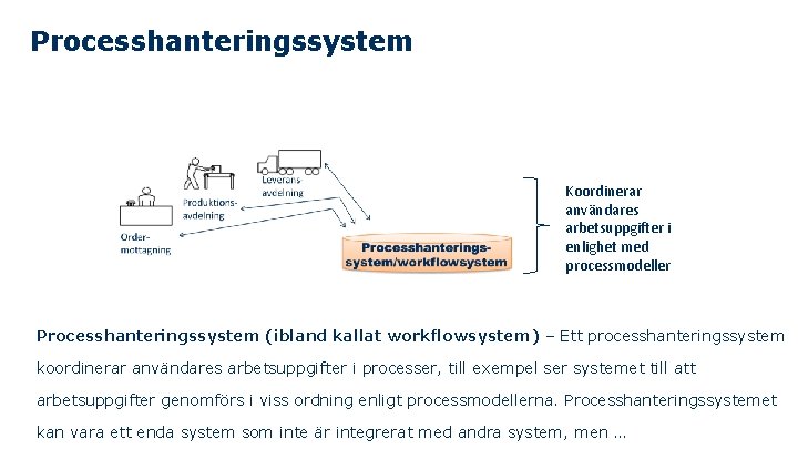 Processhanteringssystem Koordinerar användares arbetsuppgifter i enlighet med processmodeller Processhanteringssystem (ibland kallat workflowsystem) – Ett