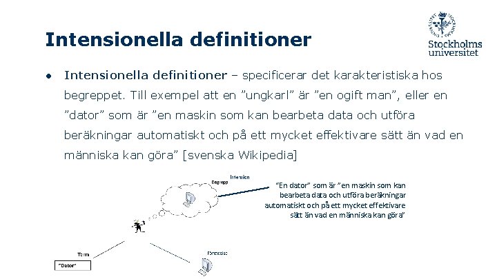 Intensionella definitioner ● Intensionella definitioner – specificerar det karakteristiska hos begreppet. Till exempel att