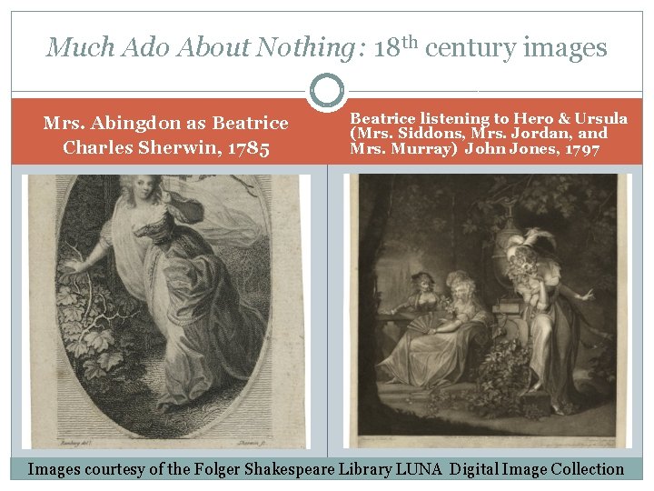 Much Ado About Nothing: 18 th century images Mrs. Abingdon as Beatrice Charles Sherwin,