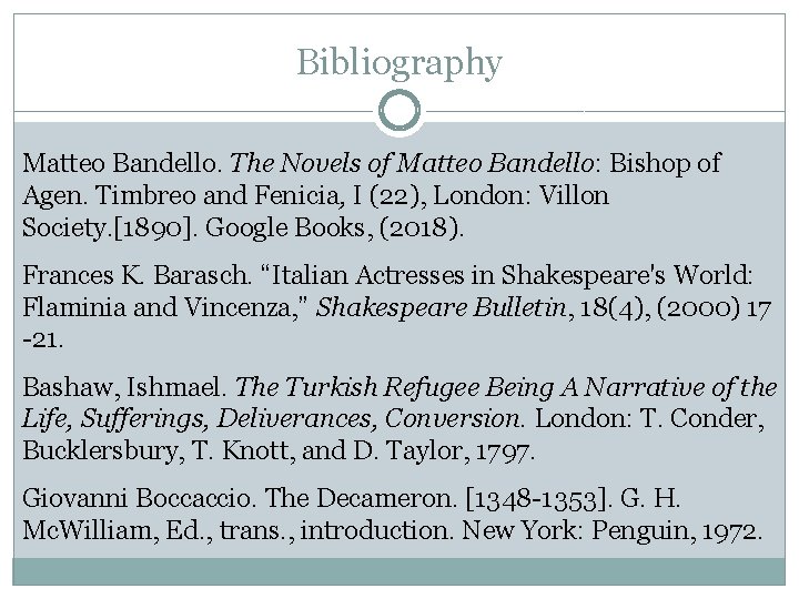 Bibliography Matteo Bandello. The Novels of Matteo Bandello: Bishop of Agen. Timbreo and Fenicia,