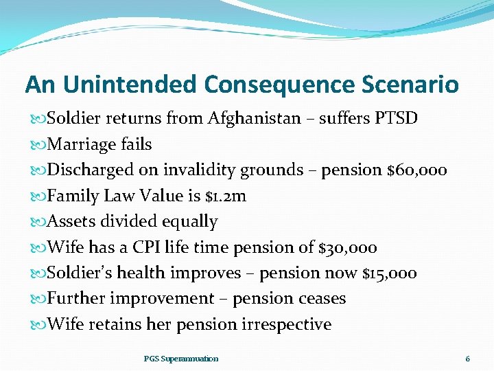 An Unintended Consequence Scenario Soldier returns from Afghanistan – suffers PTSD Marriage fails Discharged