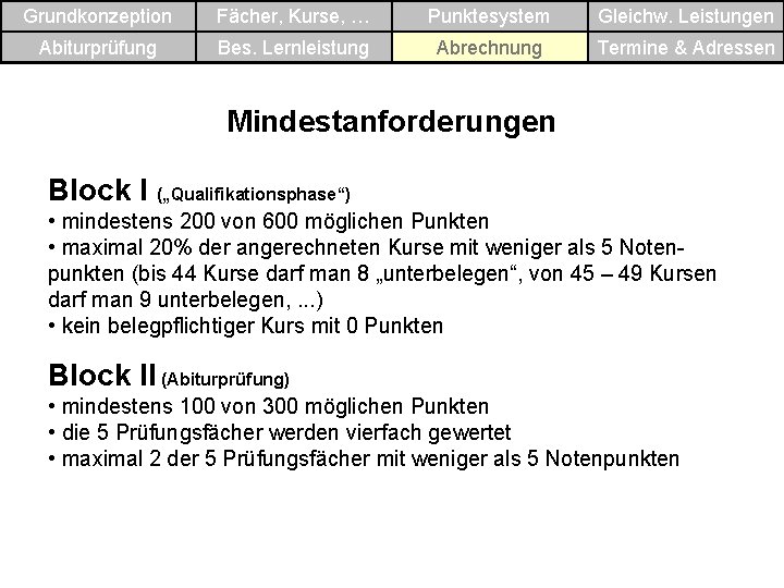 Grundkonzeption Fächer, Kurse, … Punktesystem Gleichw. Leistungen Abiturprüfung Bes. Lernleistung Abrechnung Termine & Adressen