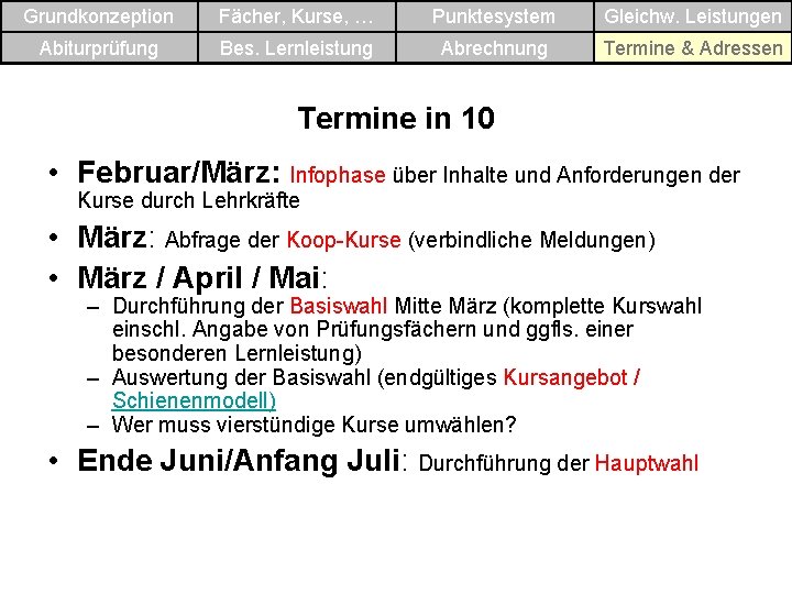 Grundkonzeption Fächer, Kurse, … Punktesystem Gleichw. Leistungen Abiturprüfung Bes. Lernleistung Abrechnung Termine & Adressen