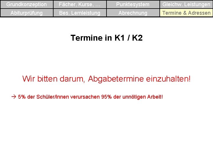 Grundkonzeption Fächer, Kurse, … Punktesystem Gleichw. Leistungen Abiturprüfung Bes. Lernleistung Abrechnung Termine & Adressen