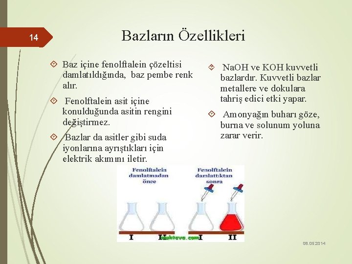 14 Bazların Özellikleri Baz içine fenolftalein çözeltisi damlatıldığında, baz pembe renk alır. Fenolftalein asit