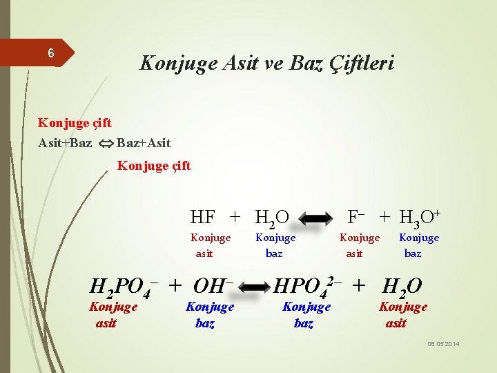 6 Konjuge Asit ve Baz Çiftleri Konjuge çift Asit+Baz Baz+Asit Konjuge çift HF +