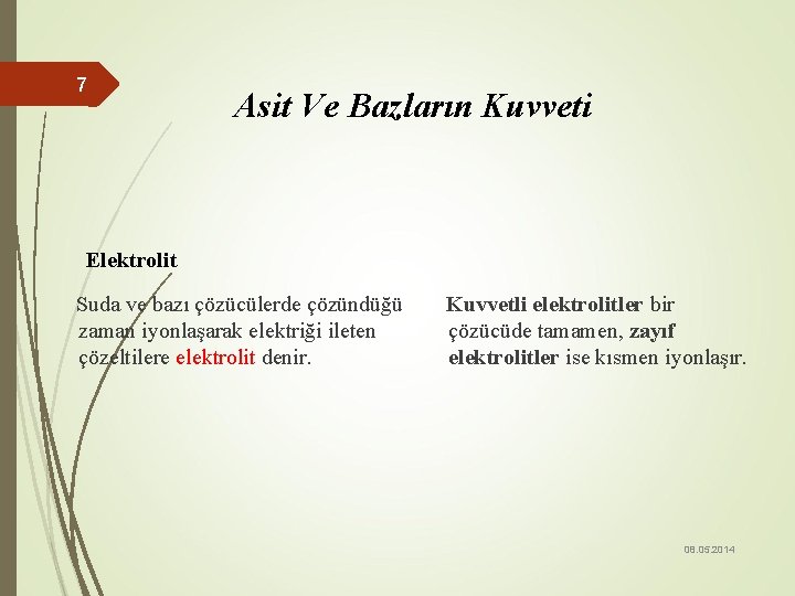 7 Asit Ve Bazların Kuvveti Elektrolit Suda ve bazı çözücülerde çözündüğü zaman iyonlaşarak elektriği