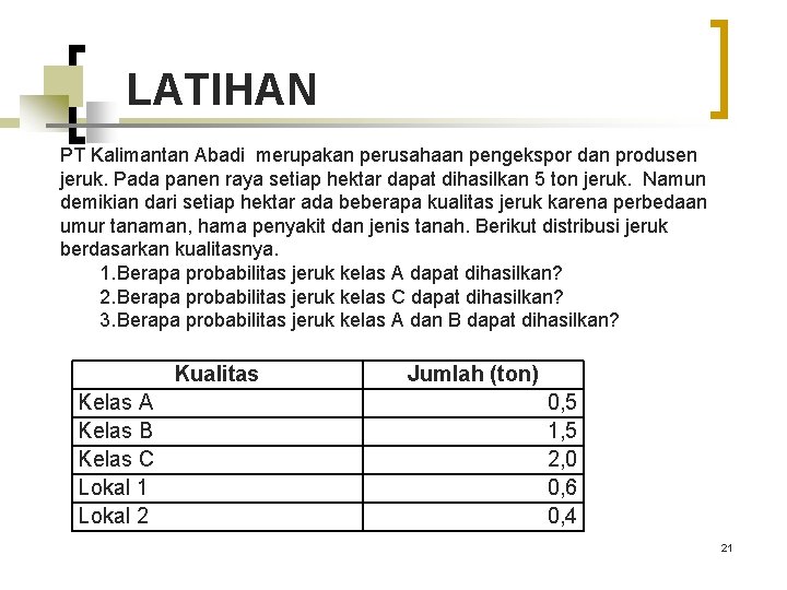 LATIHAN PT Kalimantan Abadi merupakan perusahaan pengekspor dan produsen jeruk. Pada panen raya setiap